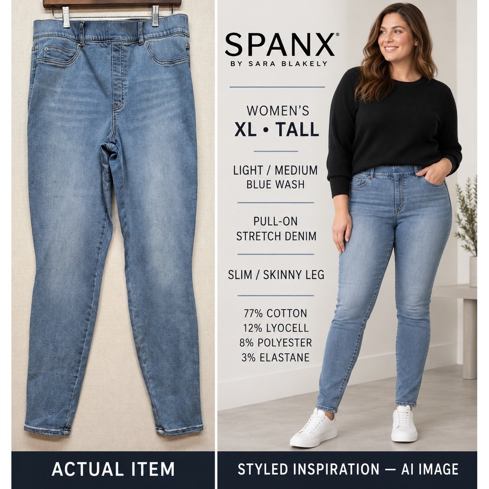 SPANX Ankle Skinny Jeans Pull On Tummy Control Denim Vintage Wash Size XL